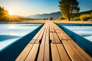 une en bois passerelle pistes à une corps de l'eau. généré par ai photo