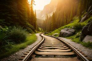 une train Piste dans le montagnes avec le Soleil brillant. généré par ai photo