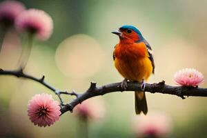 une coloré oiseau est assis sur une branche avec rose fleurs. généré par ai photo