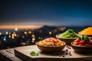 spaghetti, Pâtes, et autre vaisselle sont servi sur une en bois table dans de face de une ville. généré par ai photo