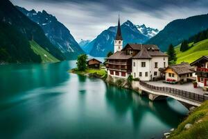 une magnifique Montagne village avec une Lac et une pont. généré par ai photo