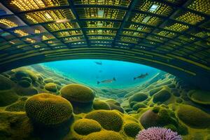 sous-marin vue de une corail récif avec un sous-marin tunnel. généré par ai photo