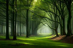 une vert forêt avec des arbres et herbe. généré par ai photo