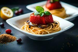 spaghetti avec des fraises et une Cerise sur Haut. généré par ai photo