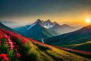 le Soleil monte plus de le montagnes et fleurs dans le premier plan. généré par ai photo