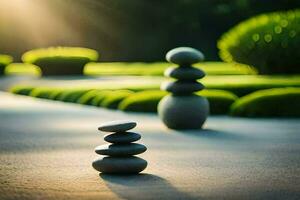 une Zen jardin avec des pierres empilés sur Haut de chaque autre. généré par ai photo