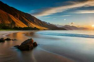 le Soleil monte plus de le océan et montagnes dans cette magnifique plage photo. généré par ai photo