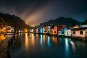 coloré Maisons ligne le l'eau à nuit dans une ville. généré par ai photo