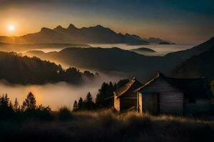 le Soleil monte plus de le montagnes et brouillard dans le vallée. généré par ai photo