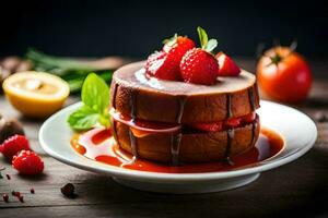 une gâteau avec des fraises et Chocolat sauce sur une plaque. généré par ai photo