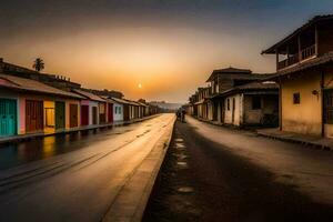 une rue dans le milieu de une ville à le coucher du soleil. généré par ai photo