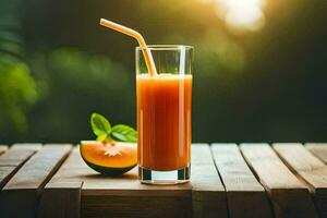 une verre de Orange jus avec une paille sur une en bois tableau. généré par ai photo