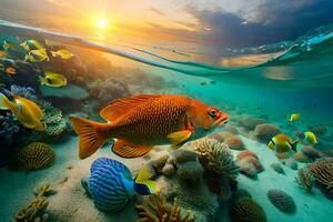 une poisson nage dans le océan avec corail récifs et poisson. généré par ai photo