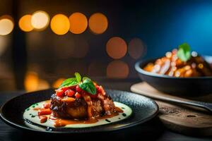 une assiette de nourriture avec sauce et garnir. généré par ai photo