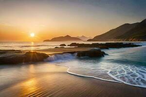 le Soleil ensembles plus de le océan et rochers sur le plage. généré par ai photo