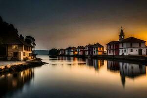 une Lac avec Maisons et une église à le coucher du soleil. généré par ai photo