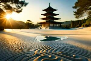 le Soleil est réglage derrière une pagode dans le sable. généré par ai photo