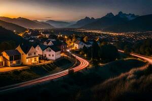 une ville à le coucher du soleil avec montagnes dans le Contexte. généré par ai photo