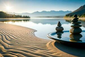 une Lac et une pierre empiler sur le sable. généré par ai photo