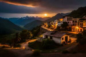 photo fond d'écran le ciel, montagnes, coucher de soleil, le route, Maisons, le village, le le coucher du soleil. généré par ai