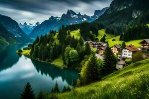 une Lac et Montagne village dans le Alpes. généré par ai photo