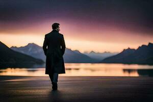 une homme dans une longue manteau des promenades le long de le route à le coucher du soleil. généré par ai photo