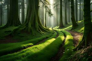 une chemin par une forêt avec des arbres et herbe. généré par ai photo