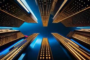 une vue de grand bâtiments à nuit. généré par ai photo