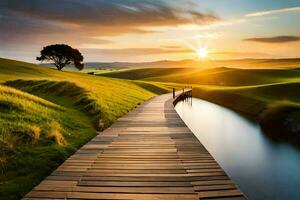 le promenade pistes à le le coucher du soleil. généré par ai photo