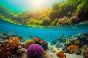 sous-marin scène avec corail récif et poisson. généré par ai photo