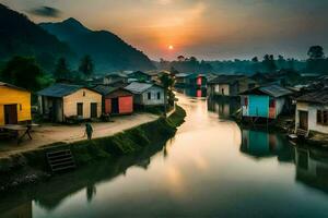 une rivière dans le milieu de une village avec Maisons. généré par ai photo