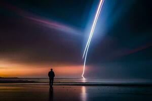 une homme permanent sur le plage à nuit avec une fusée piste. généré par ai photo