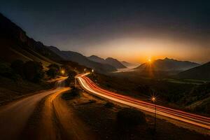 une route dans le montagnes à le coucher du soleil. généré par ai photo