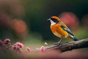 une coloré oiseau est assis sur une branche avec rose fleurs. généré par ai photo