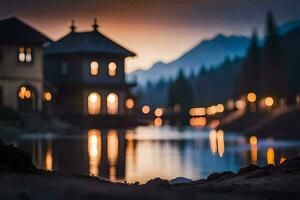 une Lac et une maison à le coucher du soleil. généré par ai photo