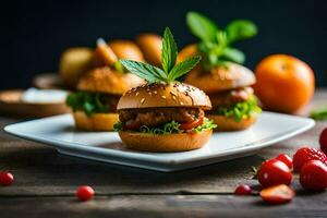 petit hamburgers avec tomates et herbes sur une plaque. généré par ai photo