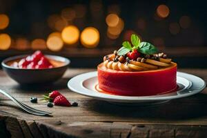 une rouge gâteau avec des fraises et des noisettes sur une plaque. généré par ai photo