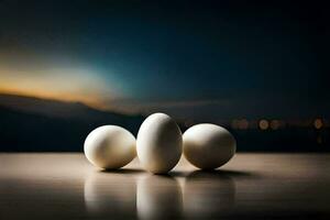 Trois des œufs sur une table avec une flou Contexte. généré par ai photo