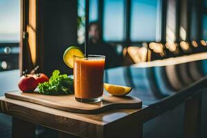 une verre de jus est assis sur une en bois tableau. généré par ai photo