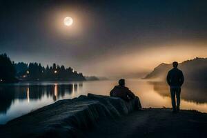 deux gens séance sur une Dock à la recherche à le lune. généré par ai photo