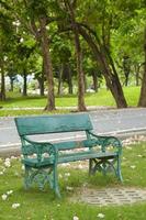 Vieille chaise verte dans le parc à la lumière naturelle photo