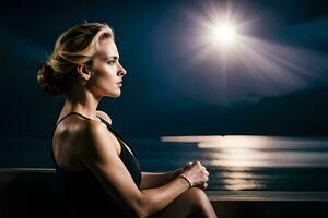 une femme séance sur une banc avec le Soleil brillant dans le Contexte. généré par ai photo