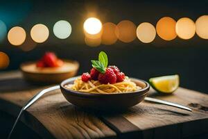 spaghetti avec framboises et menthe sur une en bois tableau. généré par ai photo