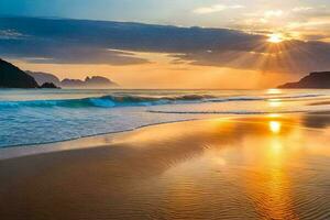 le coucher du soleil sur le plage, avec vagues et montagnes dans le Contexte. généré par ai photo