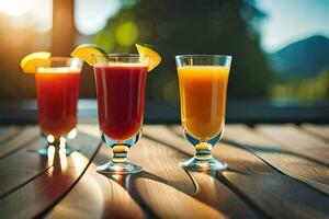 Trois des lunettes de Orange jus sur une en bois tableau. généré par ai photo