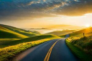 une route enroulement par le collines à le coucher du soleil. généré par ai photo