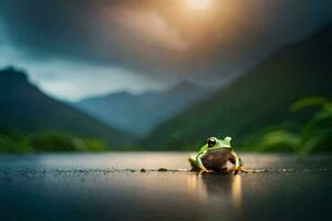 une grenouille séance sur le sol dans de face de une Montagne. généré par ai photo