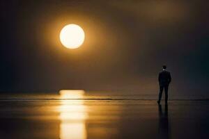 une homme des stands sur le plage à la recherche à le Soleil. généré par ai photo