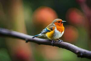 une petit oiseau est séance sur une branche. généré par ai photo