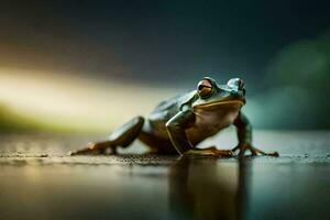 une grenouille séance sur le sol avec une floue Contexte. généré par ai photo